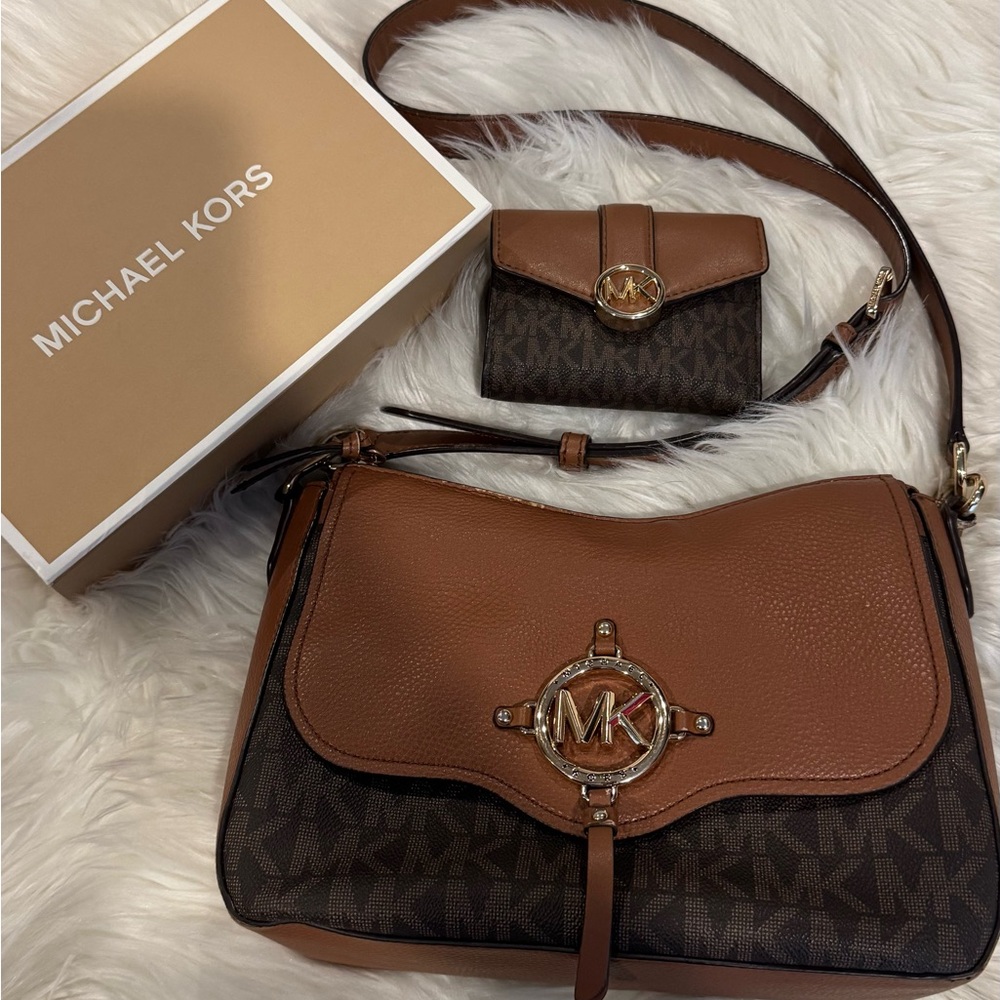 Michael Kors Brown Signature Crossbody Bag Purse /w Wallet Set